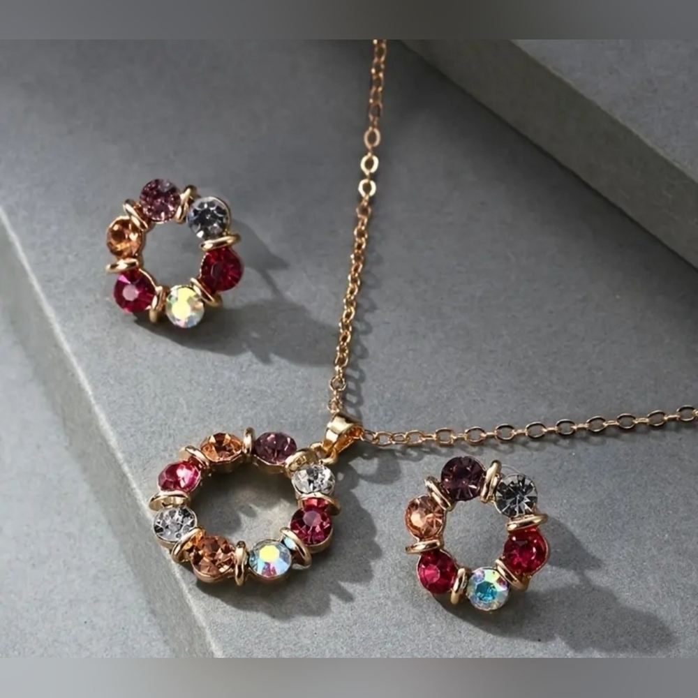Gold Multicolor Colorful Crystal Necklace Set!